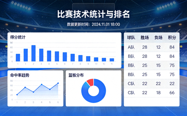 比赛技术统计图表与排名数据展示界面